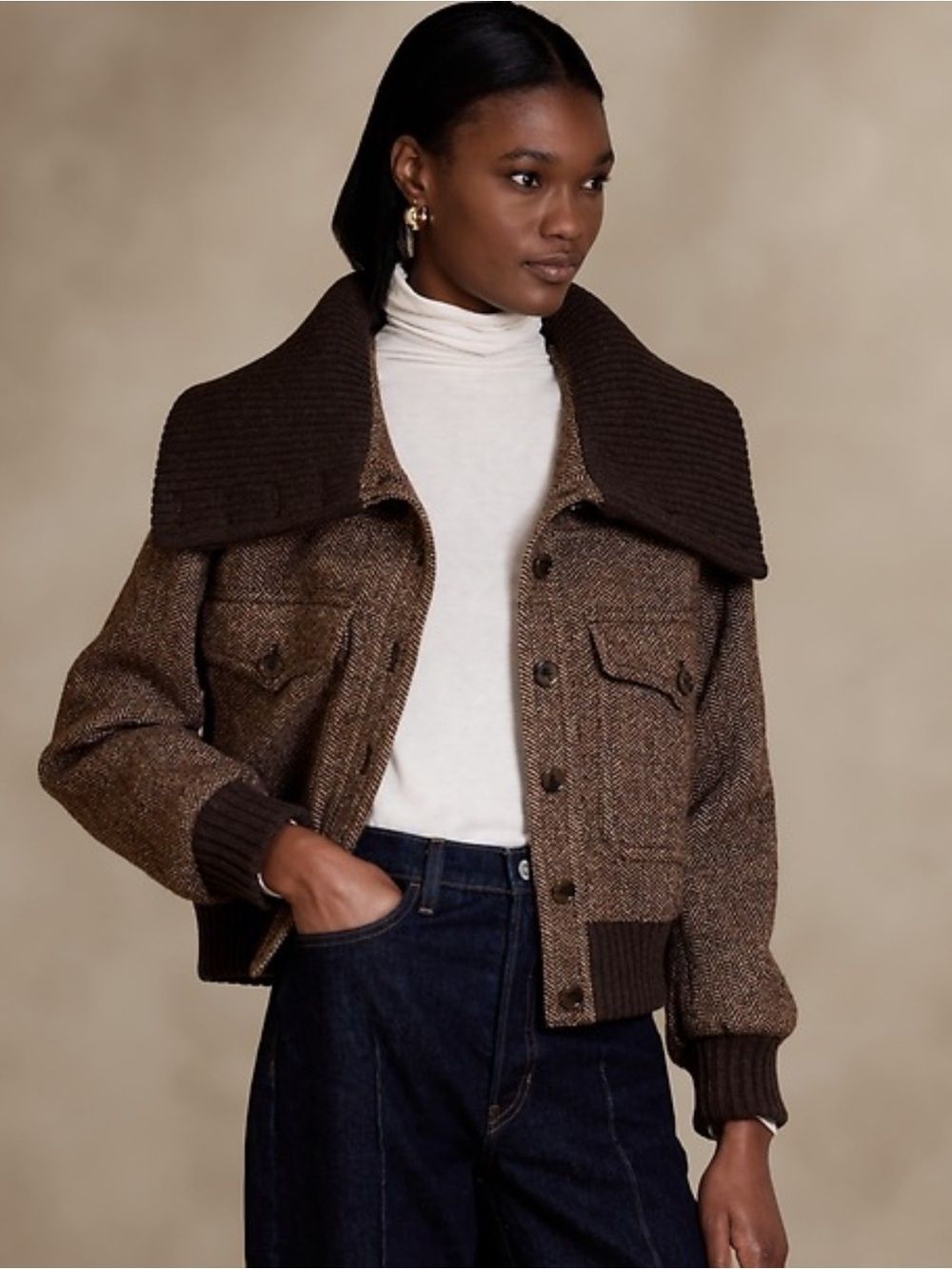 Banana Republic Ava Tweed Bomber Wool Blend Cropped Jacket Ribbed Collar Xsp
